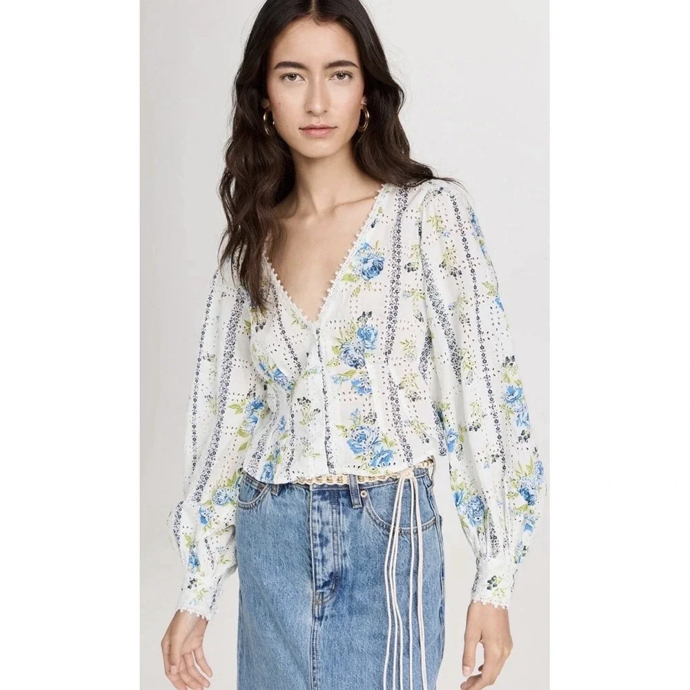 Free People Floral Printed Blossom Eyelet Blouse‎ Smocked White Combo Sz Small